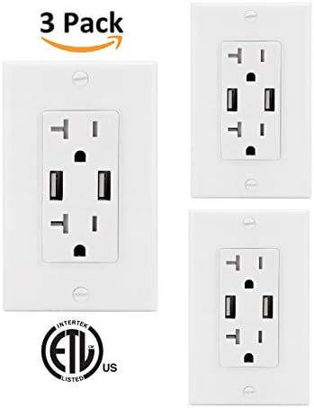 TEKLECTRIC 4.8A High Speed Dual USB Receptacle 20A Tamper Resistant Receptacle Outlet, 2 USB Port & Free Wall Plate, White (Dual USB A 3 Pack)