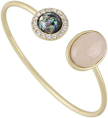 Feelontop Gold Alloy Open Cuff Bangle Pink Opal Colorful Gem Decoration Boho Bracelet with Jewelry Pouch