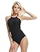 LAPAYA Women's Bathing Suit Scalloped High Neck Halter Backless 1 Piece Swimsuit, Black, Tag Size XL=US Size 12-14