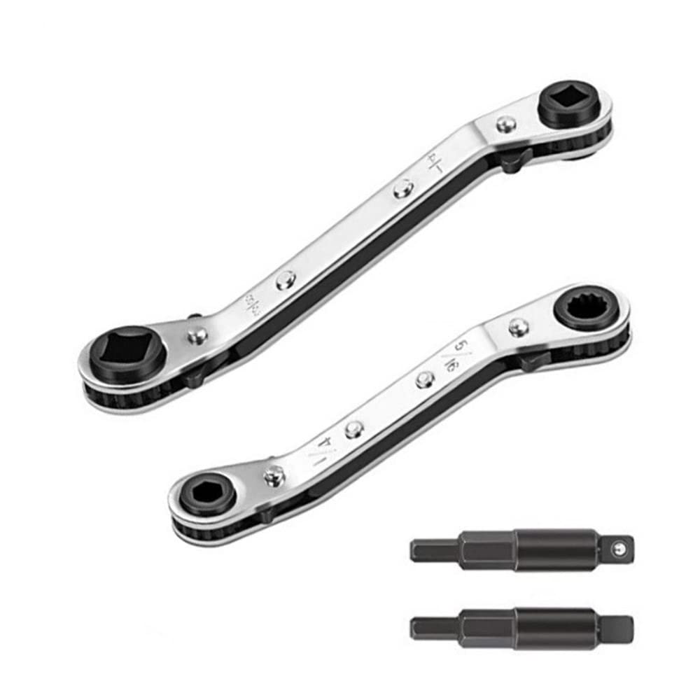 VOANZO HVAC Service Wrench 3/8" 5/16" 3/16" 1/4" Air Conditioner Valve Ratchet Wrench with 2 Hexagon Bit for Refrigeration Equipment Tools Equipment Repair