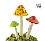 Mushroom Ceramic Garden Stakes - 3 Handmade Outdoor Ornament Decor - Made In USA - Toadstools for Lawns, Planters, Gardens, Yards. Colors: Yellow, Red, Light Green