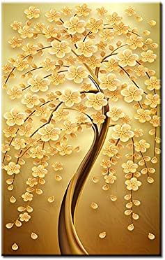 Paintings - Posters and Prints Wall Art Canvas Painting Abstract Golden Leaves and Gold Money tree Pictures for Living Room Decor No Frame (12x24 inch)