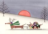 12 Christmas cards: Dachshund family sled ride / Lynch folk art