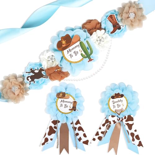 Cowboy Baby Shower Decorations, Blue Cowboy Baby Shower Maternity Sash, Cowboy Mom to Be Daddy to Be Corsage for Baby Shower Light Blue Baby Shower Western Cowboy Decorations