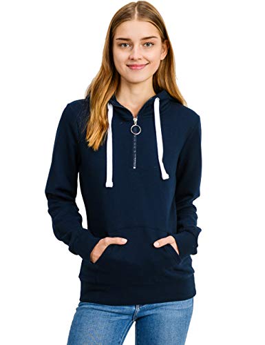 esstive Women's Basic Solid Fleece 1/4 Zip-Up Hooded Pullover Sweatshirt, Navy, Medium