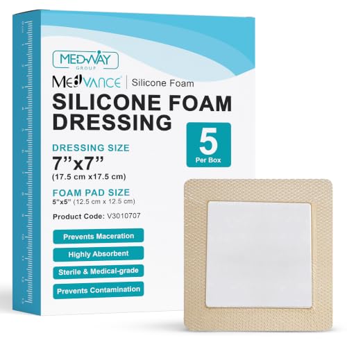 MedVance TM Silikon – Selbsthaftender Schaumstoffverband aus Silikon mit Rand, Größe 7 x 7 Zoll (Pad 5 x 5 Zoll), Schachtel mit 5 Verbänden