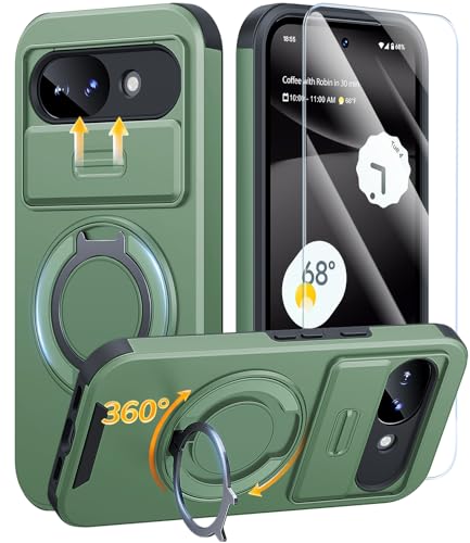 JAME for Google Pixel 7 Pro Case, Ring Holder Stand Kickstand, Slide Camera Cover with Screen Protector, Dual-Layer Shockproof Protective, Magnetic Accessory Friendly 7 Pro Phone Case, Alpine Green