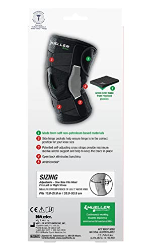 MUELLER Sports Medicine Green Self-Adjusting Hinged Knee Brace, Knee Pain Relief Support for Men and Women, Ideal for Arthritis, Sprains, Black, One Size