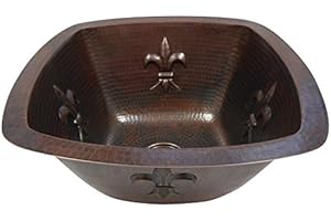 SimplyCopper 15" Square Copper Kitchen Bar Prep Sink with Fleur de Lis Design
