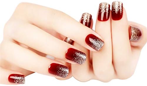 JINDIN 24 Sheet Short Fake Nails with Glue Design Acrylic Wine Red Shiny Bride False Nail Tips Full Cover Manicure Art French False Nail Tips for Women Girls