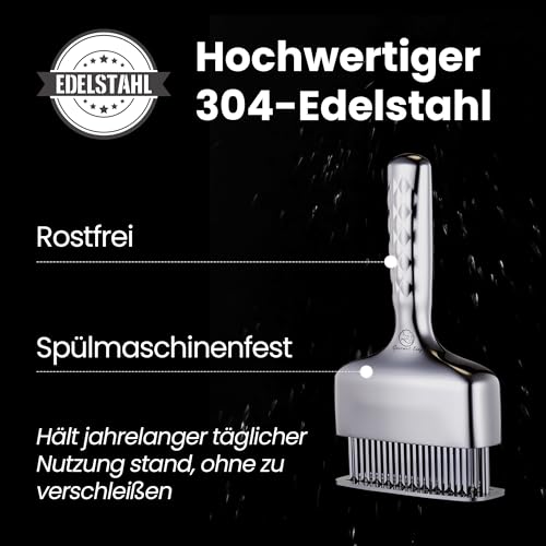 Gourmet Easy Meat tenderiser made of stainless steel, extra long handle, one-piece and sturdy workmanship, steaker with ultra-sharp blades, rust-proof and dishwasher safe, 5 year replacement promise