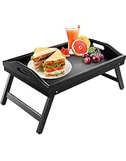 Pipishell Bamboo Bed Tray Table Breakfast Serving Tray with Foldable Legs Natural White Black