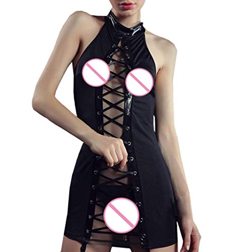 Click Here to See More Images Wesracia Women Sexy Bandage lingerie Clubwear Stripper Leather Black Underwear Nightdress (Black)