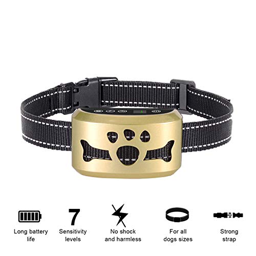 Dog Bark Collar [New2019]-7 Adjustable Sensitivity and Intensity Levels-Dual Anti-Barking Modes Rechargeable/Rainproof/Reflective -No Barking Control Dog shock Collar for Small Medium Large dog (gold)