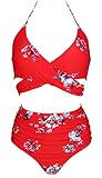 COCOSHIP Red & White & Jade Pink Garden Flower Retro Ruching High Waist Bikini Set Push Up Cross Top Sport Tie Back Bathing Swimwear 10