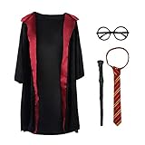 Toiijoy Kids 4Pcs Magical Wizard Costume Hooded Robe Role Play Dress up Set with Glasses,Tie and Wand for Children 3-8 yrs