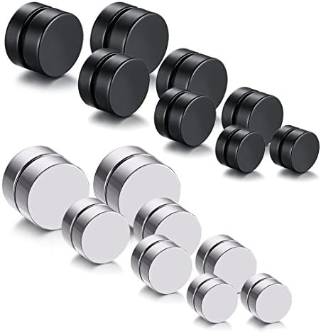 FANCER 16PCS 6/8/10/12MM Stainless Steel Magnetic Fake Cheater Gauges Earring Ear Stud Non Piercing Black