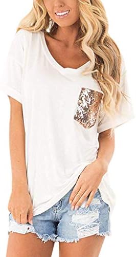 Loose V Neck T Shirts Womens Casual Sequins Pocket Short Sleeve Tees Summer Blouse Tops Pocciol