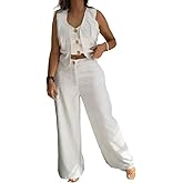 CHICME Women's Summer Two Piece Outfits V Neck Metal Button Front Crop Tank Vest Wide Leg linen Pants Matching Sets