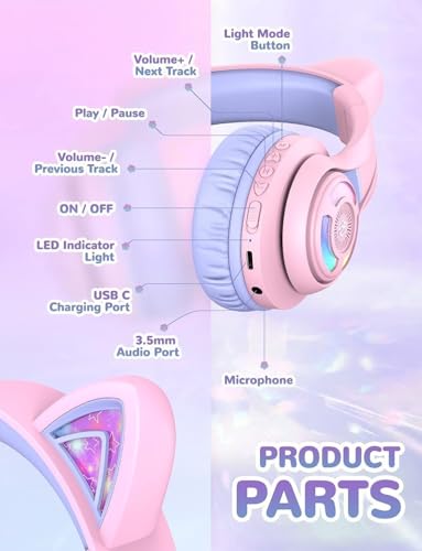 iClever BTH13 Bluetooth Kids Headphones, Cat Ear LED Light Up Wireless Kids Headphones with Volume Limited (74/85dBA), 50H Playtime, Children Headphones with MIC Over Ear for School/Tablet/PC