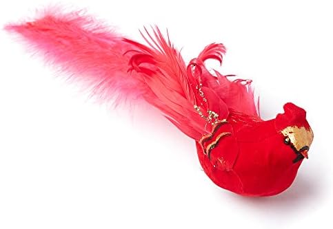 Group of 4 Long Red Feathered Tail Glitter Accented Artificial Cardinal Birds with Attached Clip