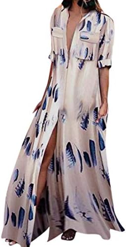 Connia Full Sleeve Feather Loose Button Pockets Boho Beach Robe Straight Dresses Women