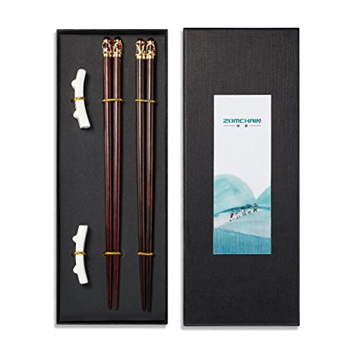 Zomchain King's Scepter Chinese Chopsticks Reusable Natural Wood With Holder and Carrying Bag Gift Set 2 sets Red