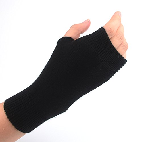 Flammi Women's Cashmere Knit Half Fingerless Gloves Mittens Warm Thumb Hole Gloves (Black)