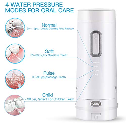 Cordless Water Flosser Teeth Cleaner - RCGEEK Portable Water Flosser Cordless Rechargeable and 4 Modes Dental Oral Irrigator for Braces,IPX7 Waterproof,Travel Cleanable 200ML Water Tank,5 Jet Tips