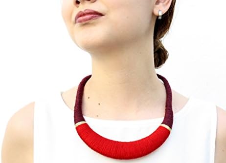 Red and gold Dark Red African Ethnic Handmade Wrapped Textile Crochet Elegant Statement Fashion Ecofriendly Collar Necklace Jewelry Jewellery Made with Cotton Threads