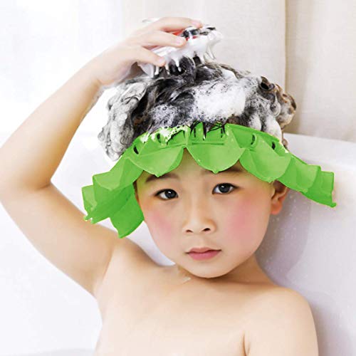 Baby Silicone Shower Cap with Bathing Brush Adjustable Infants Shampoo Caps Hat Safety Bath Visor Cap Soft Stretchy Protect Eyes Ears (Green)