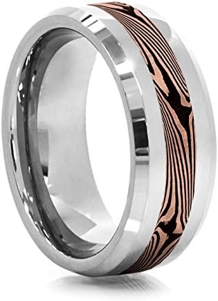 Tungsten Ring with 14kt Rose Gold &amp; Shakudo Copper Mokume Gane Inlay by Heavy Stone Rings - 8.5