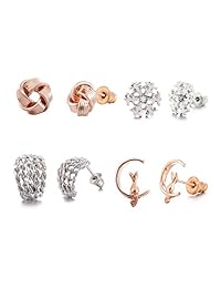 32 Pairs Assorted Stainless Steel Stud Earrings for Teens Girls Women-Cute Animal Faux Pearl Cat Elephant Sun Moon Star CZ Twise Heart Geometric Pattern Small Statement Bar Stud Earring Set