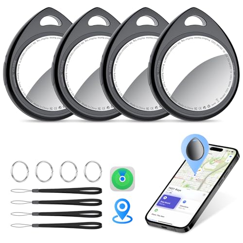 QCOQ Air Tags 4 Pack, Smart Key Finder Work with Find My (iOS Only), 100dB Bluetooth Tracker, Smart Tag with Keychain/Lanyard, Item Finder for Luggage/Key/Suitcases, Replaceable Battery
