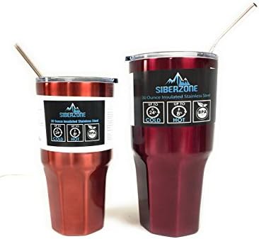 SiberZone 2-Pack 20 oz &amp; 30 oz Double-Wall Insulated Stainless Steel Tumbler Travel Mug Cup Bundle with 2 Lids, 2 Straws, Cleaning Brush (Sweat Proof, Up to 24 Hrs Cold, 8 Hrs Hot) (Copper Red-Red)
