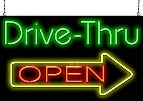 Large Drive-Thru Open Neon Sign - 37" wide x 22" high - Real, Quality Hand Bent Neon Sign - Bright Green & Red Letters with a Yellow Right Arrow