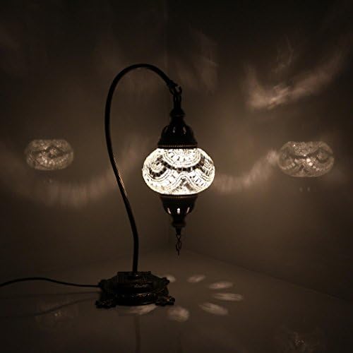 LaModaHome Swan Neck Table Lamp - Antique Turkish Sultan Mosaic Lamp with 9 Globes for Living Room, Bedroom, Decorative Home Gift, Stained Glass, Colorful Shades, US Plug & E12 Bulb Included - White