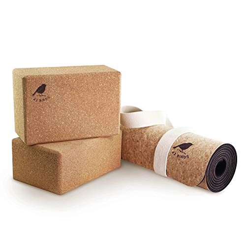 42 Brids Cork Yoga Mat and Two-Block Bundle