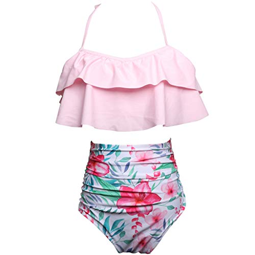 iYBUIA Sexy Leaf Print Twist Front High Wasit Bikini Set 2 Piece Bra Beach Swimsuit Pink