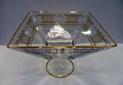 New! Italian Crystal Square Bowl W/painted Gold Artwork