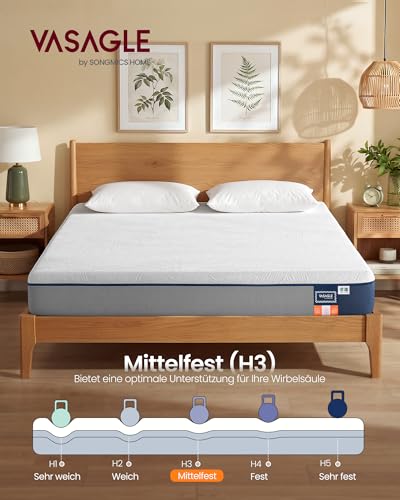 VASAGLE 140 x 200 cm Double Gel Memory Foam Mattress Medium Firm H3 7-Zone Support Breathable Removable Machine Washable Cover 20cm Thick Blue RMZ124QZ01