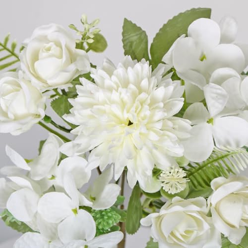 DEMIUKO 2 Bundles Artificial Flowers White Hydrangea Bouquet Spring Flowers Artificial Roses Like Real Fake Silk Flowers Decoration for Wedding Party Kitchen Table Home