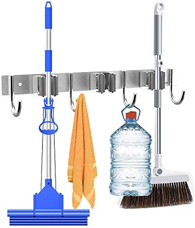 Broom Hanger Wall Mount Broom Holder Wall Mount Broom Organizer Stainless Steel,Heavy Duty Tools Hanger for Kitchen Closet Garden Storage 3 Racks 4 Hooks