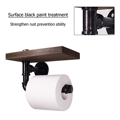 MINCORD Industrial Wall-Mounted Pipe Toilet Paper Holder with Rustic Wooden Shelf Cast Iron Pipe Hardware for Bathroom, Washroom, Black