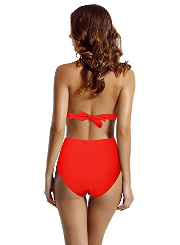 zeraca Women's Surplice Neckline High Waisted Halter One Piece Monokini Swimsuit (Red Ignited, Small / 6)
