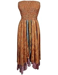 Mogul Womens Boho 2 In 1 Strapless Dress Maxi Skirts Hippie Recycled Printed Vintage Sari Two Layer