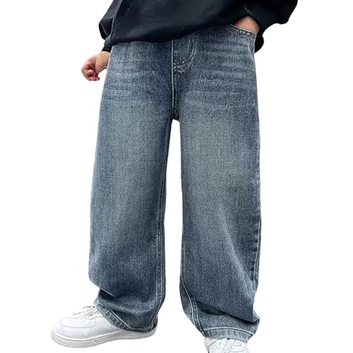 Boys Baggy Jeans, Boys Loose Casual Denim Pants, Loose Straight Leg Denim Pants with Cartoon Print, Elasticated Waist Vintage Trouser, Street Style Cool and Stylish Wide Leg Trousers for Big Kids