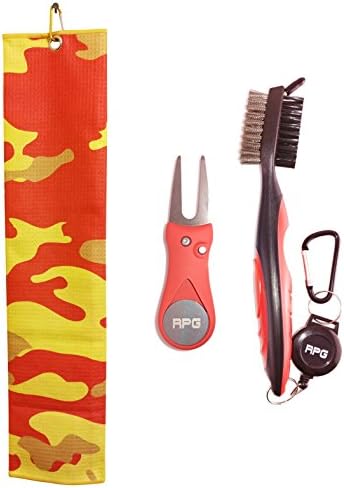 Players Pack--RPG Retractable Two-Sided Golf Brush, Magnetic Switchblade Golf Divot Tool, and Tri Fold Microfiber Golf Towel - Waffle Weave (Orange Camouflage)