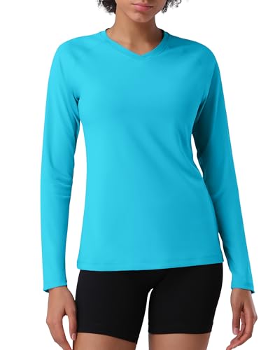 Pioneer Camp Women's UV Sun Protection SPF Shirt V Neck UPF 50+ Long Sleeve Workout Tops Quick Dry Rash Guard Hiking Running Lake Blue at Amazon