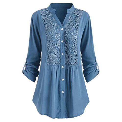 Tsmile Women V-Notch T-Shirt Elegant Pleated Plus Size Button Down Lace Patchwork Cuff Sleeve High Low Hem Tops Tee Blue